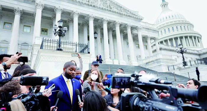 WASHINGTON, DC - JANUARY 04: U.S. Rep.- elect Byron Donalds (R-FL) speaks to the media during the second day of elections for Speaker of the House outside the U.S. Capitol Building on January 04, 2023 in Washington, DC. The House of Representatives is meeting to vote for the next Speaker after House Republican Leader Kevin McCarthy (R-CA) failed to earn more than 218 votes on three separate Tuesday ballots, the first time in 100 years that the Speaker was not elected on the first ballot.   Tasos Katopodis/Getty Images/AFP (Photo by TASOS KATOPODIS / GETTY IMAGES NORTH AMERICA / Getty Images via AFP)