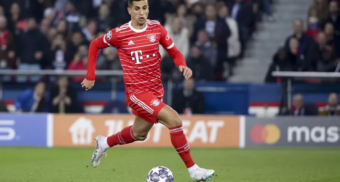 PARIS, FRANCE - FEBRUARY 14: Joao Cancelo of Bayern Munich during the UEFA Champions League round of 16 leg one match between Paris Saint-Germain (PSG) and FC Bayern Muenchen (Bayern Munich, Bayern München) at Parc des Princes stadium on February 14, 2023 in Paris, France. (Photo by Jean Catuffe/Getty Images)