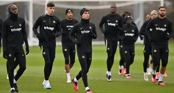 Chelsea's Portuguese striker Joao Felix (C) attends a team training session at Chelsea's Cobham training facility in Stoke D'Abernon, southwest of London on March 6, 2023 on the eve of their UEFA Champions League round of 16 second-leg football match against Borussia Dortmund. (Photo by Glyn KIRK / AFP) (Photo by GLYN KIRK/AFP via Getty Images)