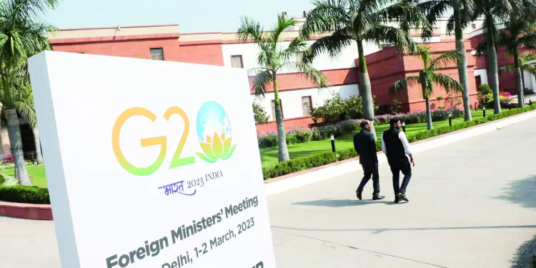 epa10498212 A general view outside the venue of the G20 Foreign Ministers meeting in New Delhi, India 02 March 2023. The G20 Foreign Ministers meeting takes place in New Delhi under India's presidency.  EPA/HARISH TYAGI
