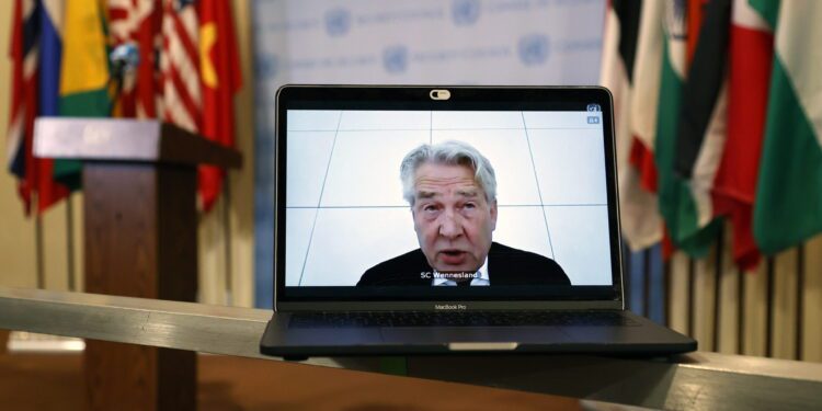 epa09204838 A computer screen is seen while Special Coordinator for the Middle East Peace Process and Personal Representative of the Secretary-General Tor Wennesland virtually addresses the United Nations Security Council on the situation in the Middle East, including the Palestinian question outside the Security Council stakeout area at United Nations Headquarters in New York, New York, USA, 16 May 2021.  EPA/JASON SZENES