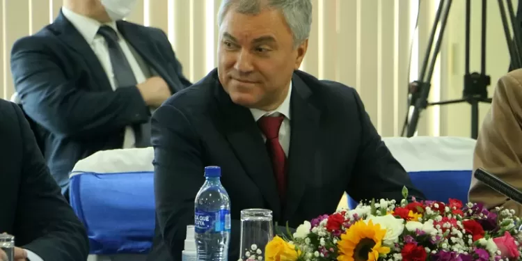 Russian President of the Duma (Lower House of Parliament), Vyacheslav Volodin, is seen during a conference at the Nicaraguan National Assembly in Managua, on Fbruary 24, 2022. Volodin arrived in Nicaragua on Thursday after visiting Cuba, at a time when Russia is carrying out a military offensive against Ukraine. (Photo by STRINGER / AFP)