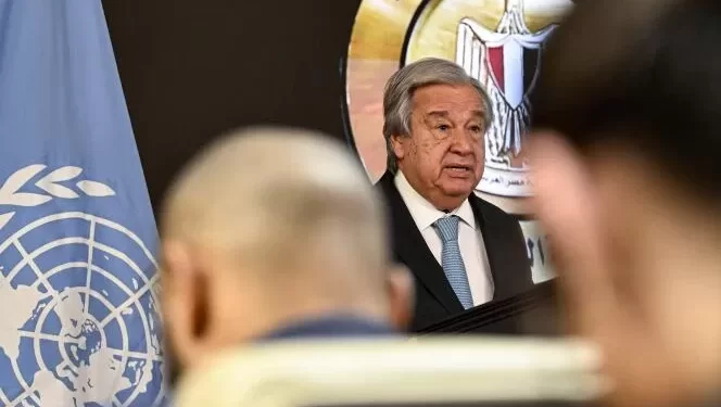 United Nations Secretary-General Antonio Guterres (L) gives a joint press conference with Egypt's foreign minister, following a meeting with him at the New Administrative Capital east of Cairo on March 24, 2024. Guterres said on March 24 that necessary aid to famine-threatened Gaza "requires Israel removing the remaining obstacles and chokepoints to relief". (Photo by Khaled DESOUKI / AFP)