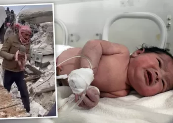 The baby girl in an incubator in hospital after being pulled from the rubble in the Syrian town of Jinderis.