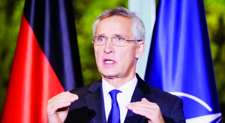 epa10341906 NATO Secretary General Jens Stoltenberg gestures as he speaks during a press conference at the Chancellery in Berlin, Germany, 01 December 2022. German Chancellor Olaf Scholz and NATO Secretary General Jens Stoltenberg met for bilateral talks. EPA/CLEMENS BILAN