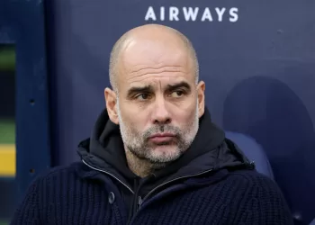 MANCHESTER, ENGLAND - FEBRUARY 12: Pep Guardiola, Manager of Manchester City, looks on prior to the Premier League match between Manchester City and Aston Villa at Etihad Stadium on February 12, 2023 in Manchester, England. (Photo by Clive Brunskill/Getty Images)