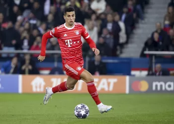 PARIS, FRANCE - FEBRUARY 14: Joao Cancelo of Bayern Munich during the UEFA Champions League round of 16 leg one match between Paris Saint-Germain (PSG) and FC Bayern Muenchen (Bayern Munich, Bayern München) at Parc des Princes stadium on February 14, 2023 in Paris, France. (Photo by Jean Catuffe/Getty Images)