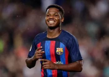 BARCELONA, SPAIN - OCTOBER 20: Ansu Fati of FC Barcelona celebrates 3-0 during the La Liga Santander  match between FC Barcelona v Villarreal at the Spotify Camp Nou on October 20, 2022 in Barcelona Spain (Photo by David S. Bustamante/Soccrates/Getty Images)