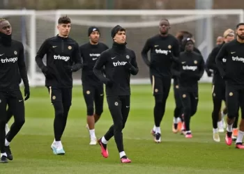 Chelsea's Portuguese striker Joao Felix (C) attends a team training session at Chelsea's Cobham training facility in Stoke D'Abernon, southwest of London on March 6, 2023 on the eve of their UEFA Champions League round of 16 second-leg football match against Borussia Dortmund. (Photo by Glyn KIRK / AFP) (Photo by GLYN KIRK/AFP via Getty Images)