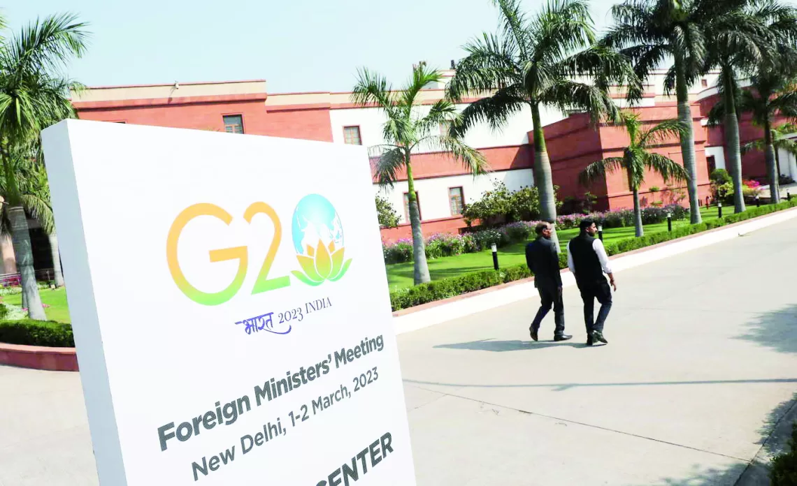 epa10498212 A general view outside the venue of the G20 Foreign Ministers meeting in New Delhi, India 02 March 2023. The G20 Foreign Ministers meeting takes place in New Delhi under India's presidency.  EPA/HARISH TYAGI