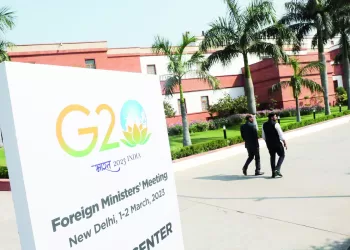 epa10498212 A general view outside the venue of the G20 Foreign Ministers meeting in New Delhi, India 02 March 2023. The G20 Foreign Ministers meeting takes place in New Delhi under India's presidency.  EPA/HARISH TYAGI