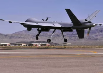 epa10522759 A handout photo made available by the U.S. Air Force of an MQ-9 Reaper remotely piloted aircraft taking off on a training mission at Creech Air Force Base, USA 13 May 2013 (issued 14 March 2023). The United States European Command (EUCOM) said in a statement that two Russian Su-27 aircraft 'conducted an unsafe and unprofessional intercept' with a US unmanned MQ-9 aircraft that was operating within international airspace over the Black Sea on 14 March 2023. The incident occurred at about 7:03 AM (CET) when one of the Russian aircraft struck the propeller of the MQ-9 causing US forces to bring the unmanned aircraft down in international waters, the statement added.  EPA/Senior Master Sgt. Paul Holcomb HANDOUT  HANDOUT EDITORIAL USE ONLY/NO SALES