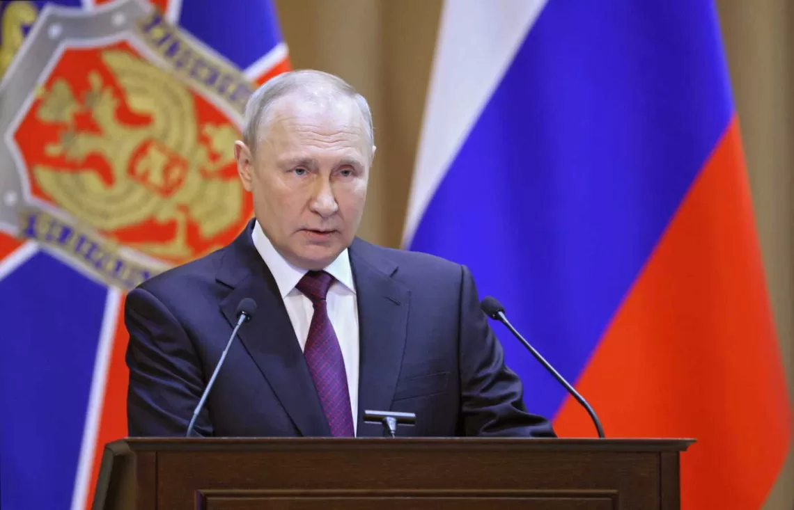 epa10495403 Russian President Vladimir Putin delivers his speech during a meeting of the Federal Security Service (FSB) Board which sums up the 2022 performance of the FSB bodies and outlines the priority tasks for 2023, in Moscow, Russia, 28 February 2023. 'Together with law enforcement agencies and under the coordination of the national anti-terrorist committee, it is necessary to act decisively and offensively, use the entire arsenal of operational, analytical and other means. and the fuel and energy complex,' the president said at the expanded board of the FSB of Russia.  EPA/GAVRIIL GRIGOROV/SPUTNIK/KREMLIN POOL / MANDATORY CREDIT