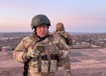 FILE PHOTO: Yevgeny Prigozhin, founder of Russia's Wagner mercenary force, speaks in Paraskoviivka, Ukraine in this still image from an undated video released on March 3, 2023. Concord Press Service/via REUTERS