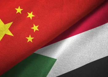Sudan and China flags together textile cloth, fabric texture