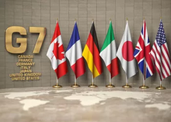 G7 summit or meeting concept. Row from flags of members of G7 group of seven and list of countries, 3d illustration