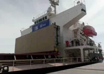 A bulk carrier Negmar Cicek is loaded with grain in Black Sea port of Chornomorsk, Odesa region on March 24, 2023 to be sent to Yemen within program "Grain From Ukraine" - Grain shipments from Ukraine resumed March 23, 2023,  after Russia quickly returned to a deal allowing their safe passage following international pressure as the G7 club of rich nations vowed not to let Russia inflict "starvation" on Ukrainians. Ukraine is one of the world's top producers and the Russian invasion had blocked 20 million tonnes of grain in its ports until the safe passage deal was agreed in July. (Photo by Sergii  MUKAIELIANTS / AFP)
