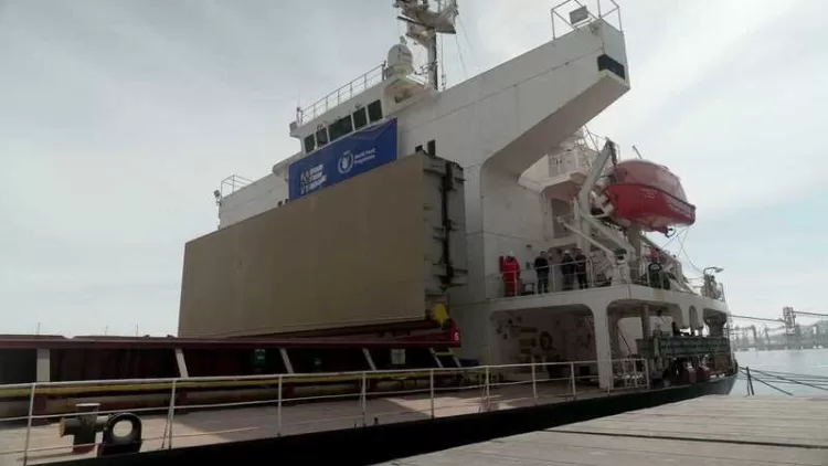 A bulk carrier Negmar Cicek is loaded with grain in Black Sea port of Chornomorsk, Odesa region on March 24, 2023 to be sent to Yemen within program "Grain From Ukraine" - Grain shipments from Ukraine resumed March 23, 2023, after Russia quickly returned to a deal allowing their safe passage following international pressure as the G7 club of rich nations vowed not to let Russia inflict "starvation" on Ukrainians. Ukraine is one of the world's top producers and the Russian invasion had blocked 20 million tonnes of grain in its ports until the safe passage deal was agreed in July. (Photo by Sergii MUKAIELIANTS / AFP)