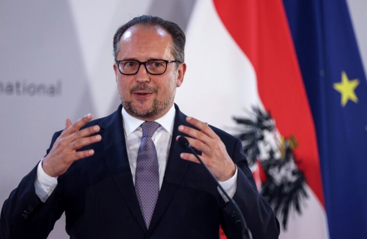 (FILES) In this file photo taken on August 14, 2020 Austrian Foreign Minister Alexander Schallenberg holds a joint news conference with US Secretary of State in Vienna. - Austria's Foreign Minister Alexander Schallenberg is self-isolating after testing positive for Covid-19, his ministry said on October 17, 2020, as the country posted a new daily record for infections. (Photo by LISI NIESNER / POOL / AFP)