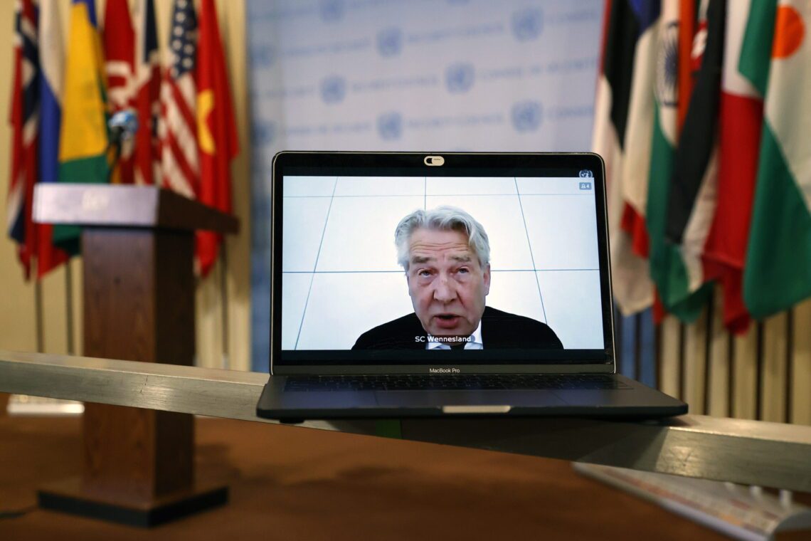 epa09204838 A computer screen is seen while Special Coordinator for the Middle East Peace Process and Personal Representative of the Secretary-General Tor Wennesland virtually addresses the United Nations Security Council on the situation in the Middle East, including the Palestinian question outside the Security Council stakeout area at United Nations Headquarters in New York, New York, USA, 16 May 2021.  EPA/JASON SZENES