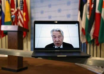 epa09204838 A computer screen is seen while Special Coordinator for the Middle East Peace Process and Personal Representative of the Secretary-General Tor Wennesland virtually addresses the United Nations Security Council on the situation in the Middle East, including the Palestinian question outside the Security Council stakeout area at United Nations Headquarters in New York, New York, USA, 16 May 2021.  EPA/JASON SZENES