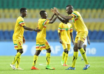 Ibrahim Kane of Mali celebrates a goal with teammates during the 2017 Under 17 Africa Cup of Nations Finals football match between Mali and Angola at the Libreville Stadium in Gabon on 21 May 2017 ©Samuel Shivambu/BackpagePix