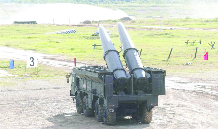 epa07673070 A Russian Iskander-M mobile short-range ballistic missile launcher during the field show programs at the Army 2019 International Military Technical Forum in Patriot Park in Alabino, Moscow region, Russia, 25 June 2019. The Army 2019 International Military Technical Forum are held from 25 to 30 June. EPA-EFE/MAXIM SHIPENKOV