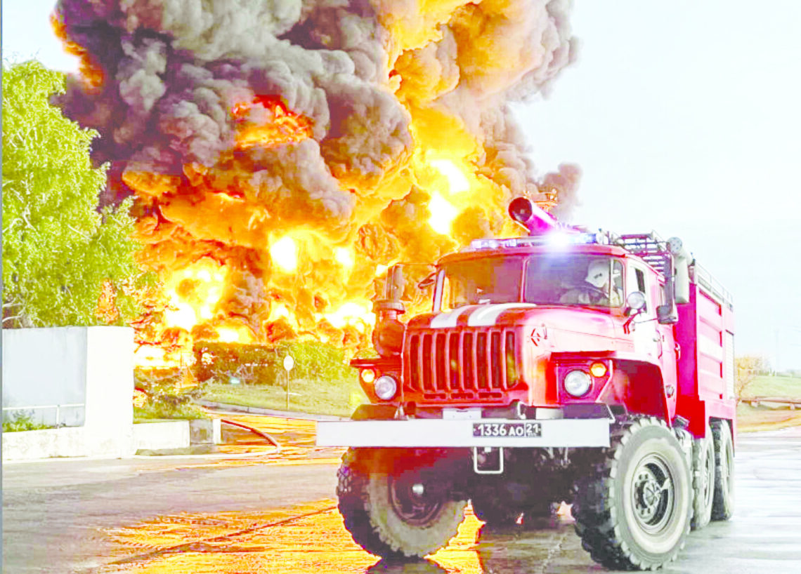 epa10598028 A handout picture made available by the Governor of Sevastopolâ€™s press service shows firefighters deployed to extinguish a fire at an oil depot in Sevastopol, Crimea, 29 April 2023. The Governor of Sevastopol confirmed that a fuel tank caught fire in the Sevastopol port area in the morning of 29 April, and that, according to preliminary information, the fire occurred following an unmanned aerial vehicles (UAV) strike. The fire covered an area of â€‹â€‹about 1,000 square meters. No casualties were reported.  EPA/SEVASTOPOL GOVERNOR PRESS SERVICE HANDOUT HANDOUT EDITORIAL USE ONLY/NO SALES HANDOUT EDITORIAL USE ONLY/NO SALES