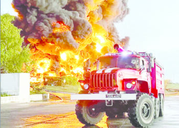 epa10598028 A handout picture made available by the Governor of Sevastopolâ€™s press service shows firefighters deployed to extinguish a fire at an oil depot in Sevastopol, Crimea, 29 April 2023. The Governor of Sevastopol confirmed that a fuel tank caught fire in the Sevastopol port area in the morning of 29 April, and that, according to preliminary information, the fire occurred following an unmanned aerial vehicles (UAV) strike. The fire covered an area of â€‹â€‹about 1,000 square meters. No casualties were reported.  EPA/SEVASTOPOL GOVERNOR PRESS SERVICE HANDOUT HANDOUT EDITORIAL USE ONLY/NO SALES HANDOUT EDITORIAL USE ONLY/NO SALES