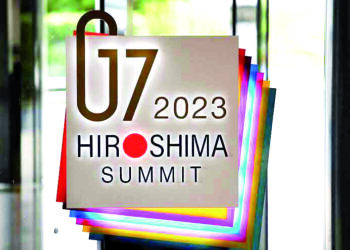 The G7 Summit logo is seen at the entrance of the International Media Center (IMC) ahead the G7 Leaders' Summit in Hiroshima on May 18, 2023. (Photo by LUDOVIC MARIN / AFP)