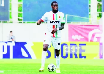 OLIVEIRA DE AZEMEIS, PORTUGAL - APRIL 28: Kialonda Gaspar of CF Estrela da Amadora in action during the Liga Portugal 2 match between UD Oliveirense and CF Estrela da Amadora at Estadio Carlos Osorio on April 28, 2023 in Oliveira de Azemeis, Portugal.  (Photo by Gualter Fatia/Getty Images)
