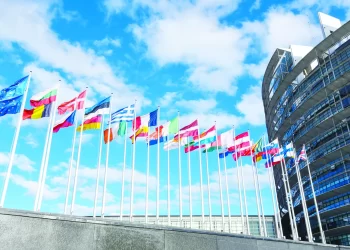 Stockshots of the European Parliament - Flags in front of EP building in Strasbourg