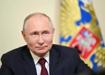 This pool image distributed by Sputnik agency shows Russian President Vladimir Putin holding a meeting with members of families awarded with the Order of Parental Glory via a videoconference call in Saint Petersburg on July 29, 2023. (Photo by Alexander KAZAKOV / POOL / AFP)