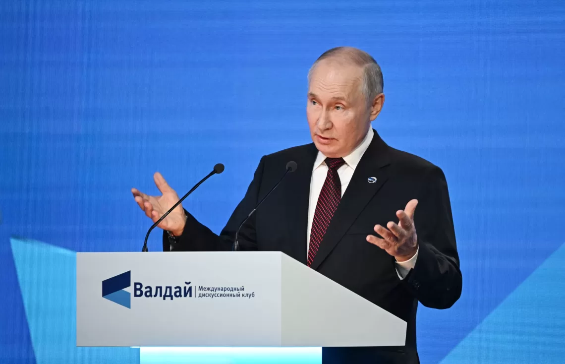 epa10901688 Russian President Vladimir Putin delivers a speech during a plenary session as part of the 20th annual meeting of the Valdai Discussion Club titled 'Fair Multipolarity: How to Ensure Security and Development for Everyone' in Sochi, Krasnodar region, Russia, 05 October 2023. 'The main thing is to free international relations from the bloc approach, from the legacy of the colonial era and the Cold War. We have been talking for decades about the indivisibility of security, about the fact that it is impossible to ensure the security of some at the expense of the security of others, and, indeed, harmony in this area is achievable. You just need to put aside pride, arrogance and stop looking at others as second-class partners or as outcasts or savages,' Putin said at a plenary session of the Valdai International Discussion Club.  EPA/GRIGORY SYSOEV/SPUTNIK/KREMLIN POOL MANDATORY CREDIT