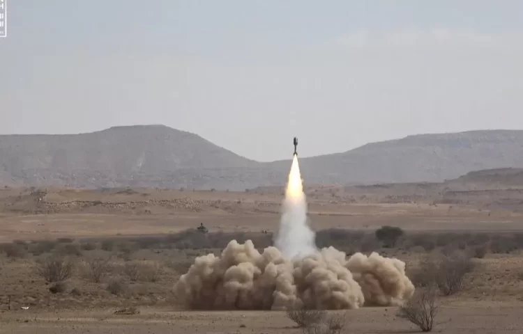 epa11124157 A handout photo made available by the Houthis media center shows a projectile being launched during a military exercise at a remote area on the outskirts of Sana'a, Yemen, 03 February 2024. Yemen's Houthi forces have carried out a military exercise on mock US and Israeli positions as part of their preparations for a possible confrontation with the United States and Israel amid fears of a wider regional conflict stemming from the Houthi escalation of attacks on shipping lanes in the Red Sea and the Gulf of Aden. US and British forces have conducted strikes in response to Houthi missile and drone attacks on military and commercial vessels in the Red Sea, the Bab al-Mandab Strait, and the Gulf of Aden since November 2023. In January 2024, the US Department of State designated Yemen's Houthis as a 'Specially Designated Global Terrorist group' due to their increased attacks on shipping lanes. In December 2023, the US Department of Defense announced a multinational operation to safeguard trade and protect ships in the Red Sea in response to the escalation of Houthi attacks.  EPA/HOUTHIS MEDIA CENTER HANDOUT  HANDOUT EDITORIAL USE ONLY/NO SALES HANDOUT EDITORIAL USE ONLY/NO SALES
